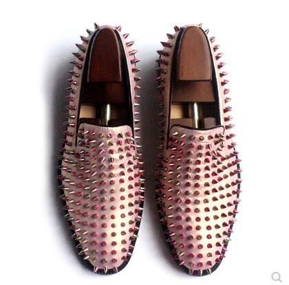 Mens Shoes Rose Gold Loafers Spike Studded Slip On Leather Flat red bottom fashion men bota shoe white Spring Autumn Wedding Dress Shoes