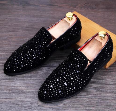 New Dandelion Spikes Flat Leather Shoes Rhinestone Fashion Mens Loafers Dress Shoes Slip On Casual Diamond Pointed Toe Shoes,size38-43