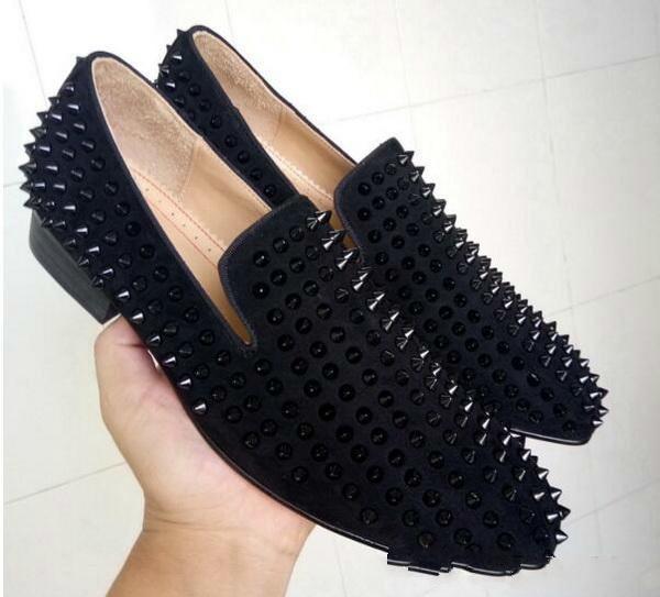 Hot Sale Top Quality Bottom Men Women Shoes Fashion Black Suede With Black Spikes Loafers Rivets Dress Shoes Flats Black