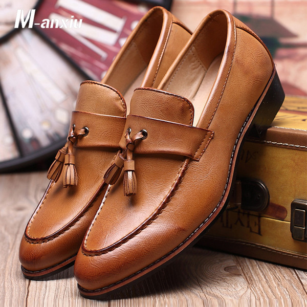 M-anxiu Men Shoes Fashion Leather DoCasual Flat Tassels Slip-On Driver Dress Loafers Pointed Toe Moccasin Wedding Shoes