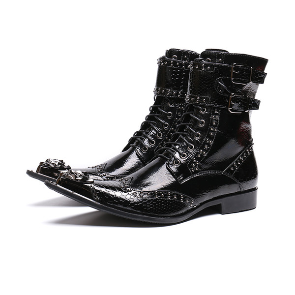 2019 Designer British Style Rivets Men Genuine Leather Boots Large Size Metal Pointed Toe Motorcycle Boots Lace Up Boots