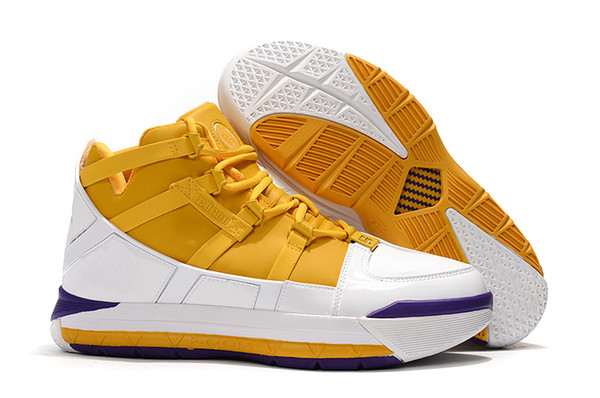 Newest Good Quality Lebron 3 Lakers Men Designer Sports Shoes Zoom James 3 Gold Purple White Men Designer Sports Trainers