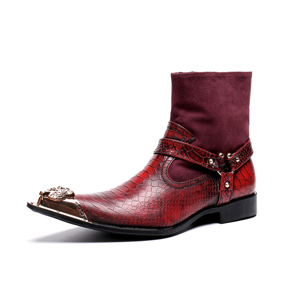 2019 Fashion Red Suede Leather Patchwork Men Boots Winter Pointed Toe Men Large Size Motorcycle Short Boots