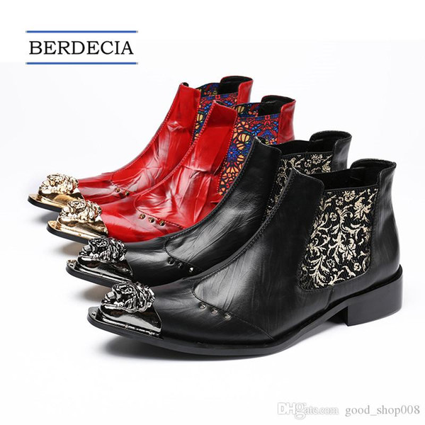 2019 Designer Luxury Classic RED Metal Pointed Toe Men Boots Printing Genuine Leather Ankle Boots Winter Zipper Men Motorcycle Boots 38-47