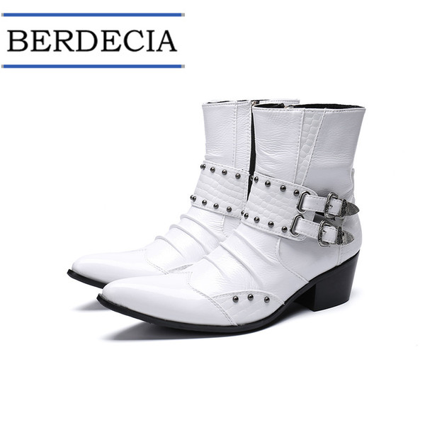 2019 Motorcycle Boots Fashion White Genuine Leather Men Boots Buckle Rivets Men Ankle Boots Plus Size Pointed Toe Cowboy Shoes