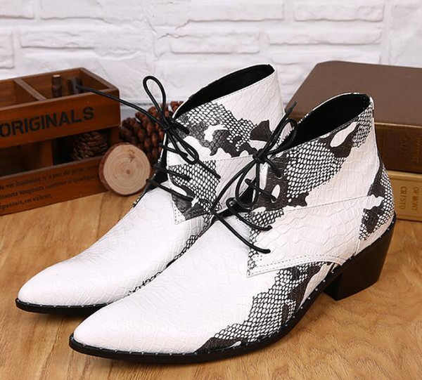 2019 Motorcycle Boots Fashion Genuine Leather Men Boots Printing Lace Up Ankle Boots British Style Pointed Toe Cowboy Shoes Plus Size