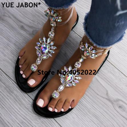 YUE JABON 2018 shoes woman sandals women Rhinestones Chains Flat Sandals Thong Crystal Flip Flops gladiator 43