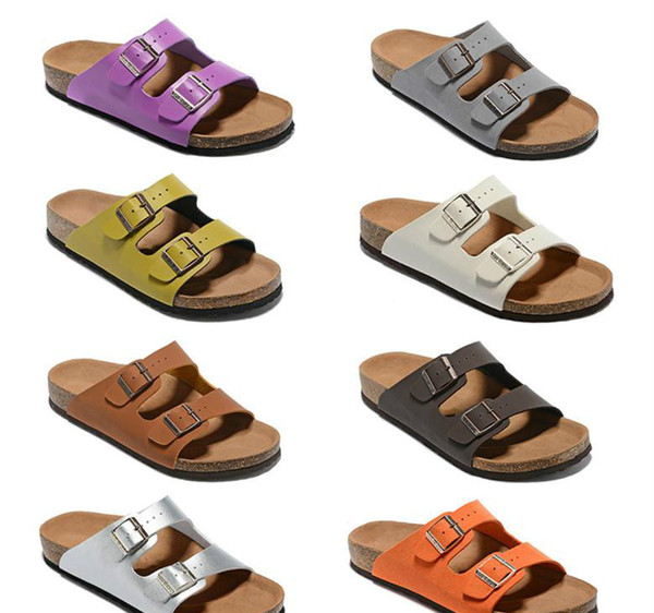 Men's Flat Sandals Women Casual Shoes Double Buckle Famous Brand Arizona Summer Beach Top Quality Genuine Leather Slippers With Orignal Box