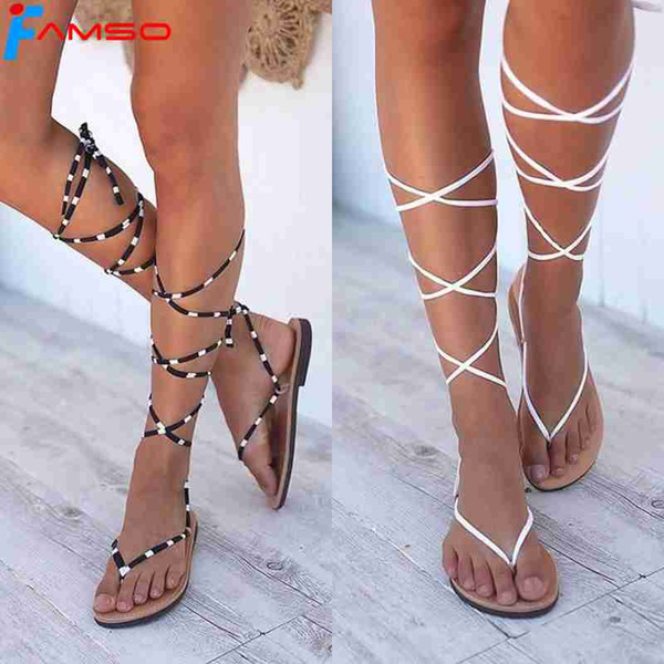 FAMSO 2019 Size 34-43 Shoes Women Sandals Patchwork Flip Flops Shoes Black White Knee High Lace-up Summer Flats Heels Sandals