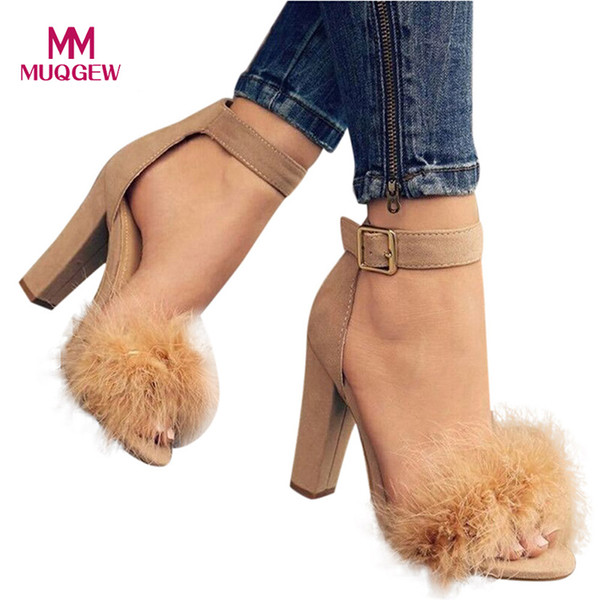 Women Shoes Sandals Ladies Block High Heel Sandals Ankle Tie Up Fur Strappy Platforms Shoes Female Elegant zapatos mujer