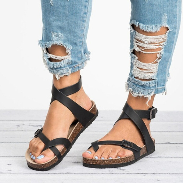 Women's Sandals Shoes 2019 Summer Toe Thick Flat Solid PU Casual Girl Beach Female Flops Ladies Footwear Women Black Brown 35-43