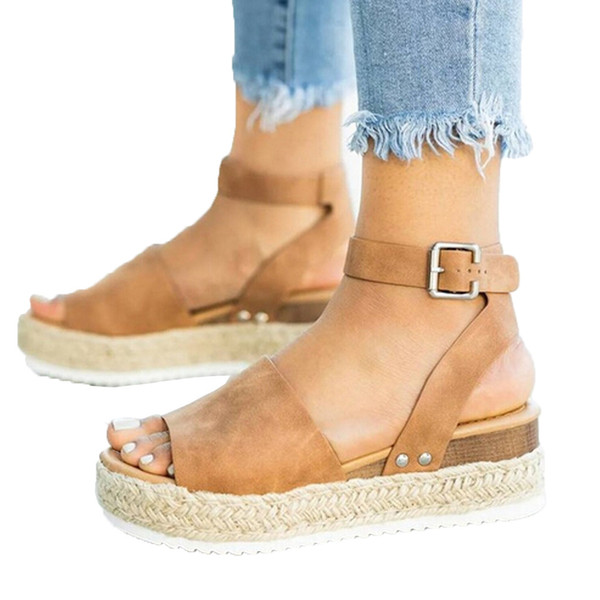 Casual women platform sandal shoes high quality Rubber Sole Studded Wedge Buckle Ankle Strap Open Toe ladies sandles