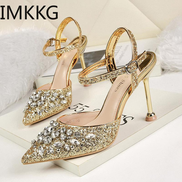 Woman Sandals Gold Fashion Sequins Buckle Strap Comfortable High Heels Crystal Bling Heel Princess Shoes Design