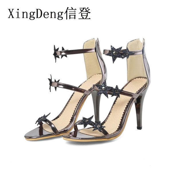 XingDeng Ladies Thin Heels Ankle Strap Zip Five Star Wedding Party Shoes Women Patent Leather High Heels Sandals Dress Shoes