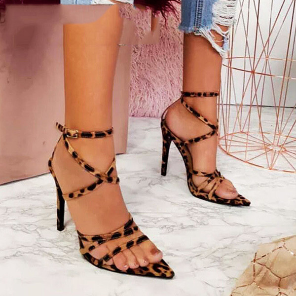 2020 New Women Sandals Sexy Heels Sandals Leopard Fashion Shoes Pointed Snake-print Leopard Print Sexy Roman ZL