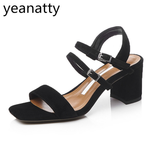 6cm thick hoof heels sheepskin Sandals Genuine leather opented toe med High Heels Buckle Strap Women Pumps Leather Shoes