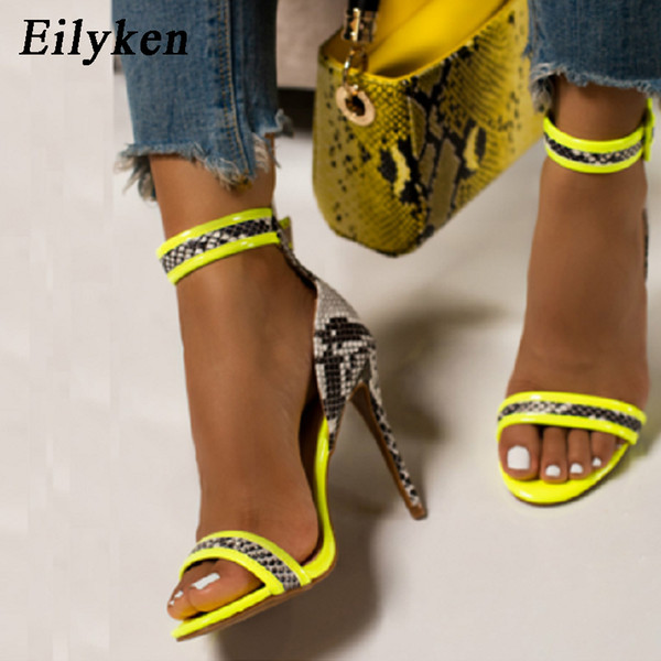 Eilyken New Design Snake Print Leather Open Toe Sexy Sandals Ladies Summer Fashion Ankle Buckle Strap High Heel Shoes Womens