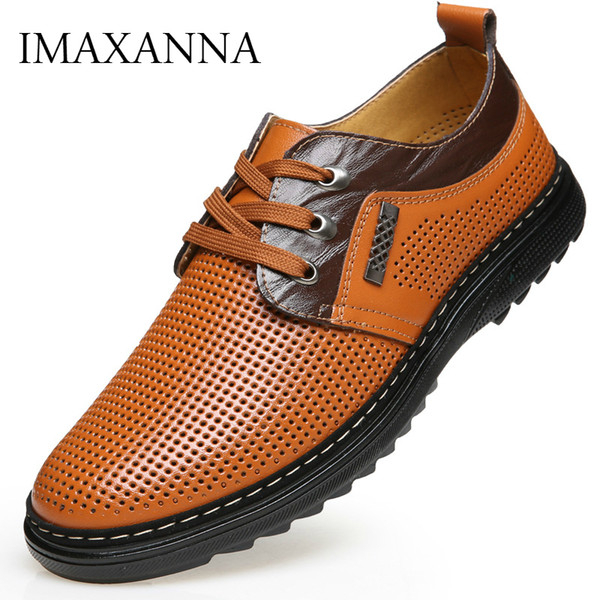 IMAXANNA Summer Men Genuine Leather Shoes Man Leather Hole Sandals Breathable Business Office Dress Shoes Black Brown Size 38-44