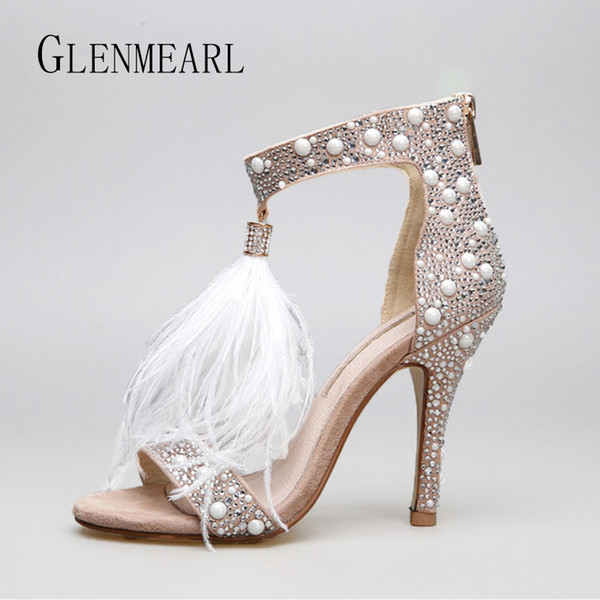 Genuine Leather Women Sandals Pumps Summer Brand Fur Rhinestone Feather High Heel White Women Wedding Pumps Shoes Plus Size 36