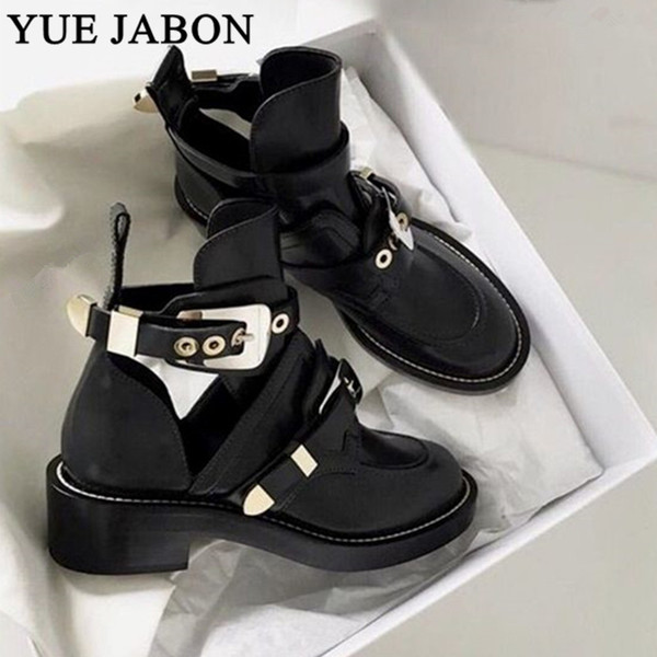 Round Toe Women Summer Sandals Boots Metal Gold/Silver Buckle Straps Thick Heel Ankle Boots Cut Outs Motorcycle Punk Sandals