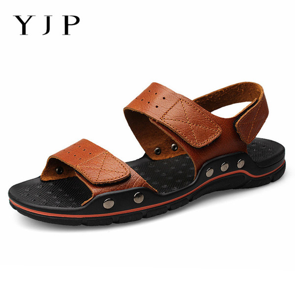 YJP Genuine Leather Men Sandals Beach Shoes Double Hook&Loop Men Sandals Leather Mens Shoes Large Size Flats Sandalias Hombre