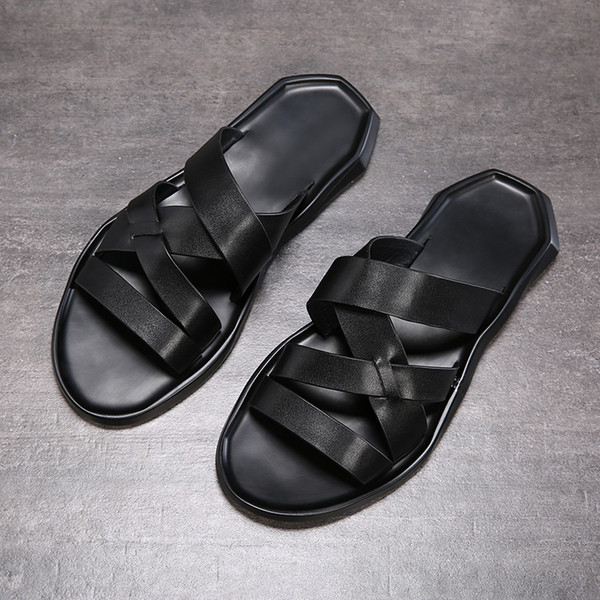 Men's sandal 2019 new summer top layer leather shoes beach shoes fasion casual breathable non-slip soft soles sandal men