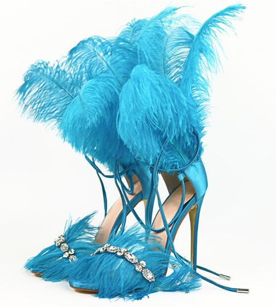 Fashion sexy woman high heel feathers sandals colorful feathers diamonds high heel woman sandal lace up feather sandal