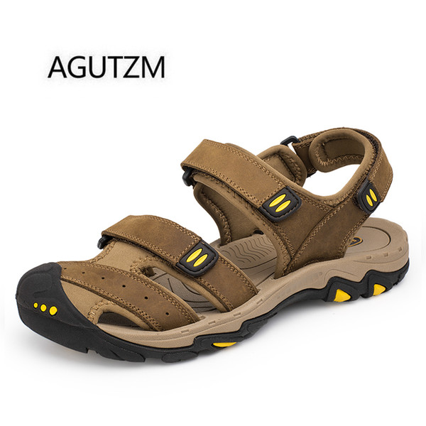 AGUTZM Brand 2621 Summer Fashion Toe Cap Cover Hook & Loop Genuine Leather Rubber Sole Men's Beach Sandals Plus Size : 38-47