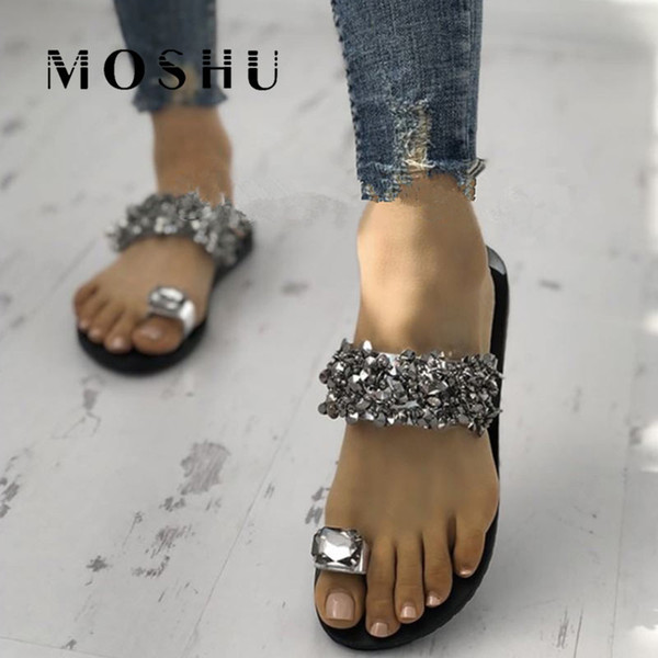 Summer Sandals Women Beach Shoes Bling Casual Flat Slippers Rhinestone Female Flip Flops Ladies Sandals 2019 Sandalia Feminina