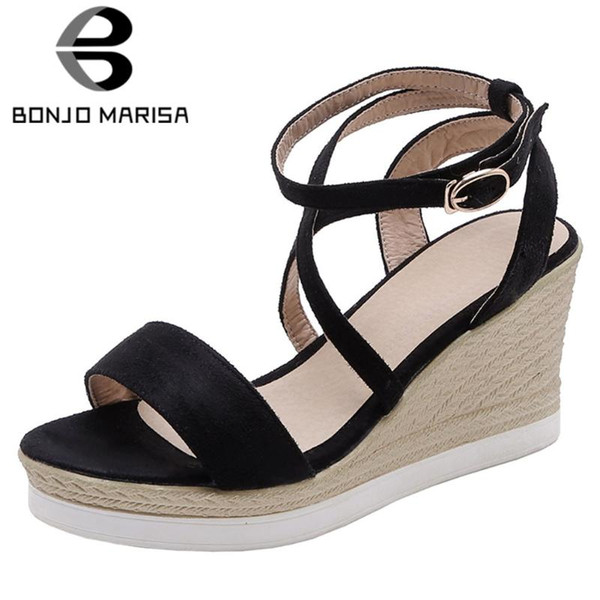 BONJOMARISA Sweet Girl Summer Sandals Platform High Wedges Sandals Women 2020 Flock Casual Office Leisure Shoes Woman