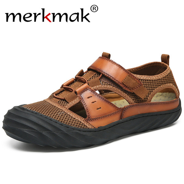 Merkmak Genuine Leather Summer Men Outdoor Sandals Beach Casual Shoes Sandals Quick Dry Protective Walking Shoes Large Size