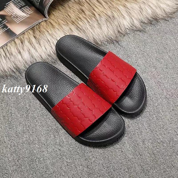 2018 Mens and Womens fashion logo embossed leather Slide Sandals with Molded rubber footbed male female beach flip flops