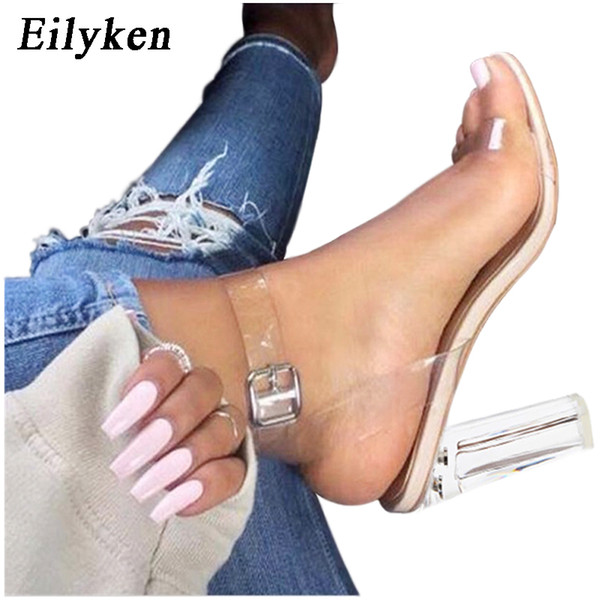 Eilyken 2017 PVC Jelly Sandals Crystal Leopard Open Toed High Heels Women Transparent Heel Sandals Slippers Discount Pumps 11CM