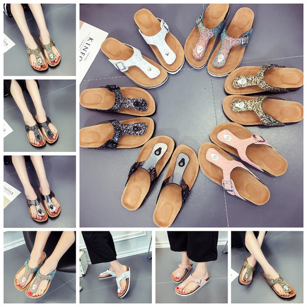 Sequins Beach Cork Slippers 14 Styles Casual Sandals Flip Flops PU Leather Non-slip Clip Feet Slippers OOA5492