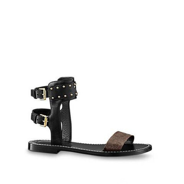 2018 LUXURY BRAND DESIGN STRIKING GLADIATOR STYLE PLAIN CALF PRINT LEATHER FLAT CANVAS SANDAL LEATHER OUTSOLE PERFECT URBAN LADIES SANDALS