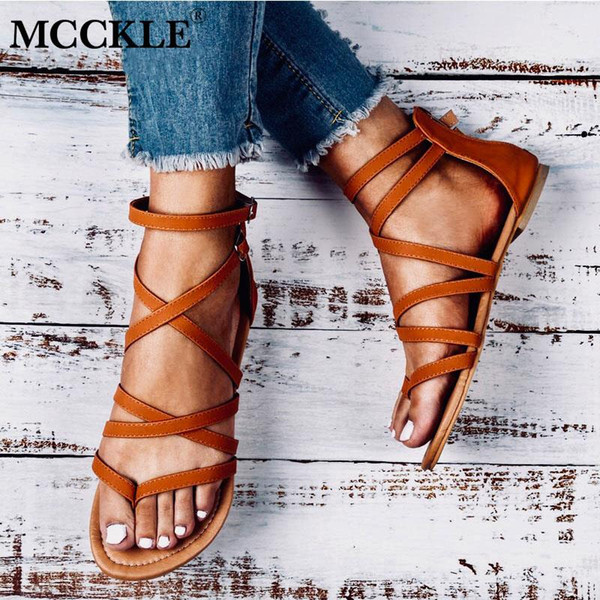 MCCKLE Summer Women Gladiator Sandals Cross Tied Cover Heel Zip Female Buckle Flat Fashion Casual Beach Shoes Ladies Footwear