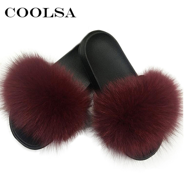 Coolsa Luxury Women's Fox Fur Slippers Fluffy Real Hair Designer Flip Flops Ladies Cute Sandal Fashion Furry Woman Hot Shoes