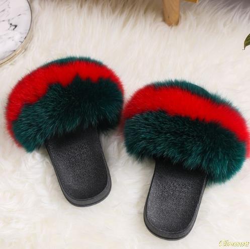 Luxury Women Real Fox Fur Sandals Fox Hair Fur Slides Rubber Flat Non-slip Casual Home Slipper Soft Lady Large Size 45 Shoes