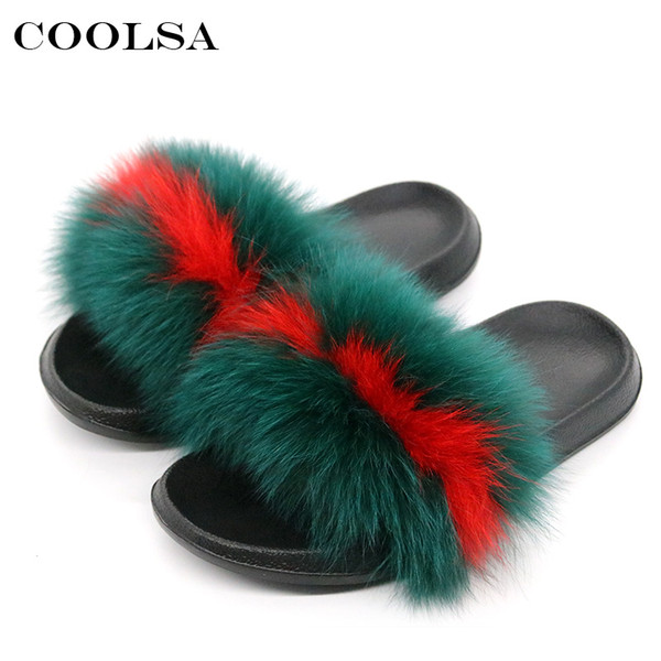 Coolsa New Summer Women Fox Fur Slippers Fluffy Really Fur Fox Hair Slides Flat Plush Shoes Home Flip Flops Ladies Beach Sandals