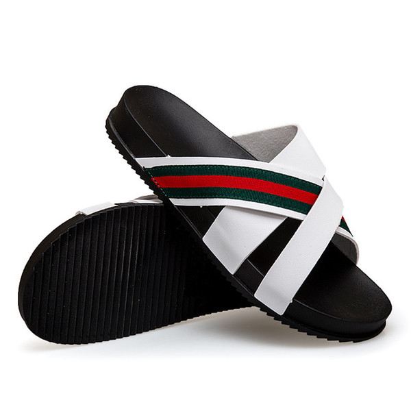 2018 Designer Men Sandals Shoes Luxury Slide Summer Slippers Green Red Green Striped Sandals Wide Flats Thick Flip Flops Size:40-45 Q-444