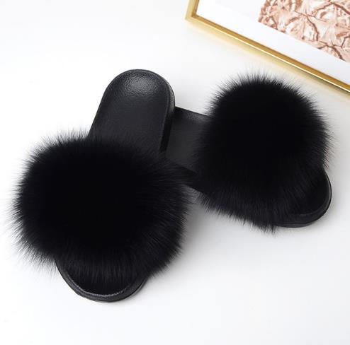 Women Summer Slippers Flat Fox Fur Slippers Nature Real Fur Beach Flat Slides Beach Sandals Lady Plush Furry Slides