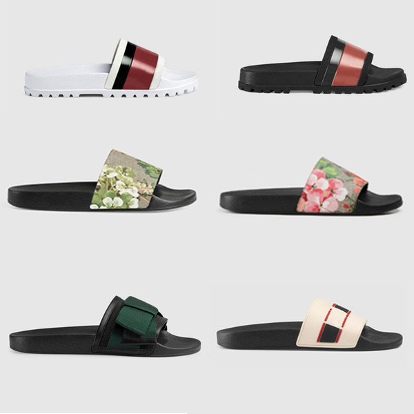 Designer Rubber slide sandal Floral brocade men slipper Gear bottoms Flip Flops women striped Beach causal slipper with Box US5-11