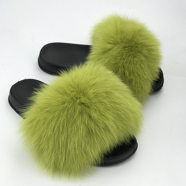 Real Raccoon Fur Slippers Women 2018 Sliders Casual Fox Hair Flat Fluffy Fashion Home Summer Big Size 45 Furry Flip Flops Shoes