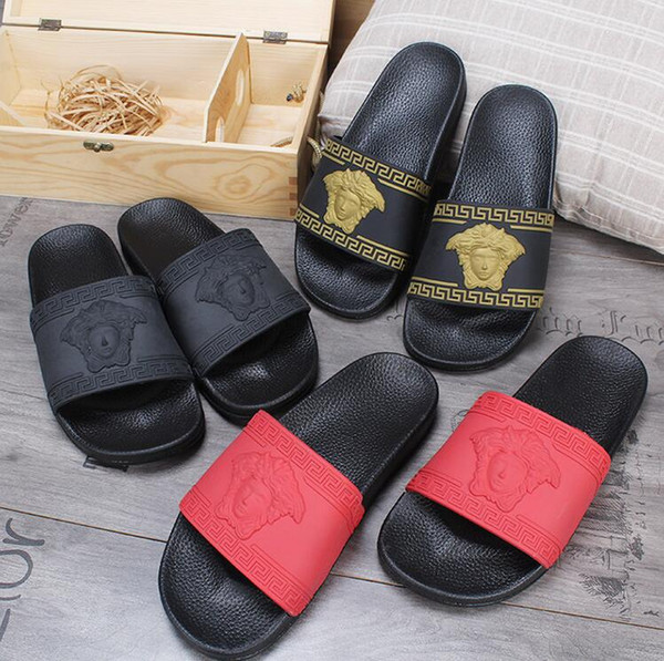 Hot brand Men Beach Slide Sandals Scuffs Slippers Mens black white red Gold Beach Fashion slip-on designer sandals BEST QUALITY G7.6