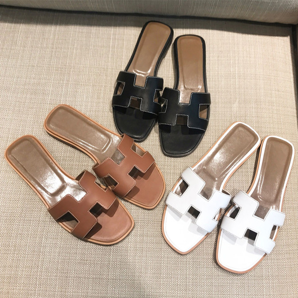 Summer black or white ladies luxury designer sandals real cowhide shoes flat shoes slippers women fashiona