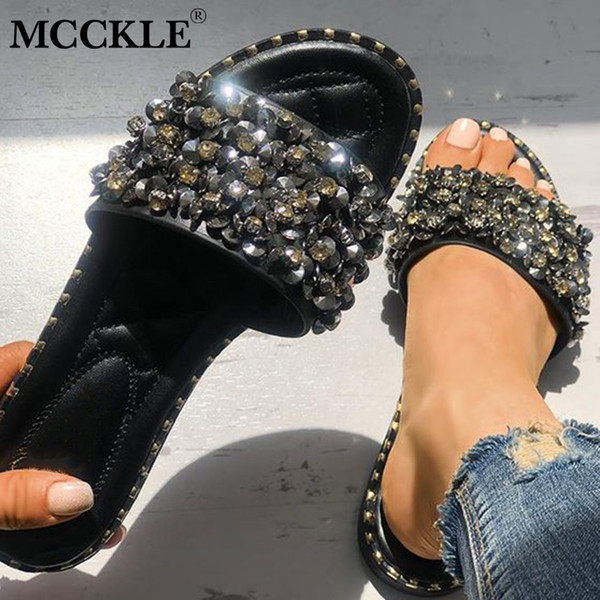 MCCKLE Women Casual Summer Flat Beach Slippers Female Crystal Rivets Slides Slipper Shoes For Girls Woman Leisure Footwear