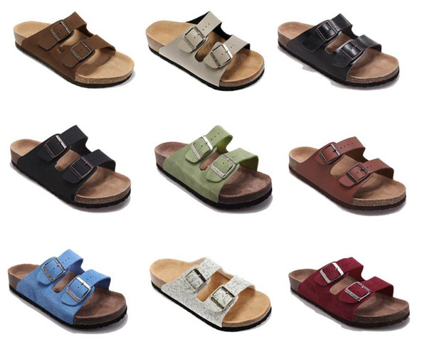 Male Flat Sandals Women Double Buckle Shoes Male Summer Beach Shoes Top Quality Comfortable Genuine Leather Slippers summer shoes Arizona