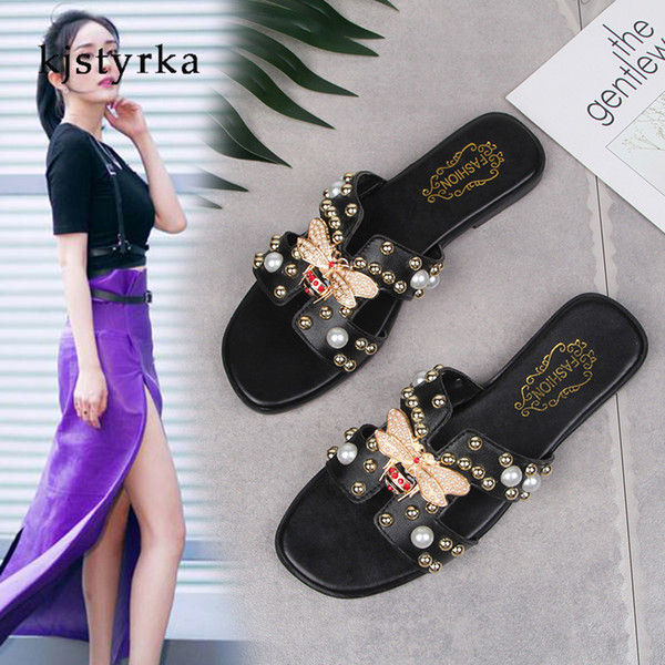 kjstyrka 2018 women flats shoes fashion peal small bee slippers brand sandals zapatos mujer flat with ladies sandalia feminina