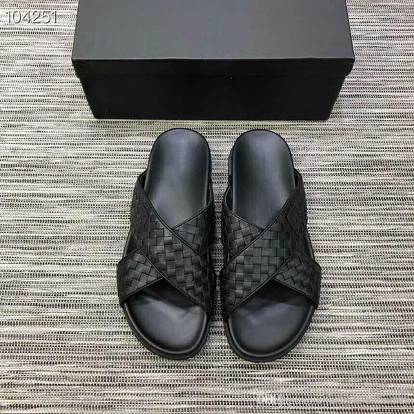 Men Woven Leather Slide Sandals, Black Slip- on Flip Flops Sport Slippers Size 38-45,hot sale in