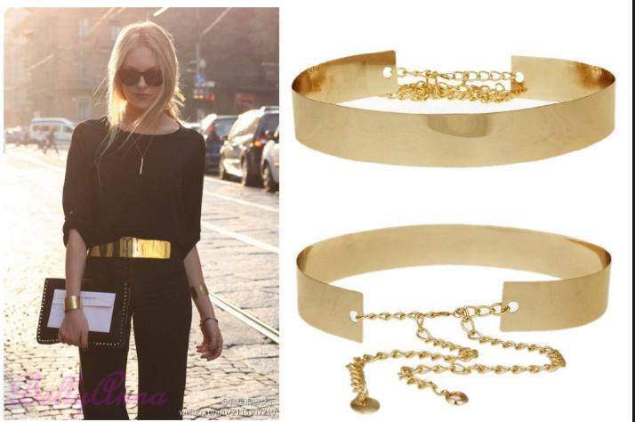 Fashion Women Full Gold/Silver Metal Mirror Waist Belt Metallic Gold Plate Wide Obi Band With Chains